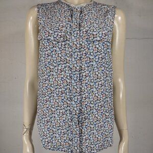 Equipment Femme blue floral sleeveless button front shirt blouse ladies Small